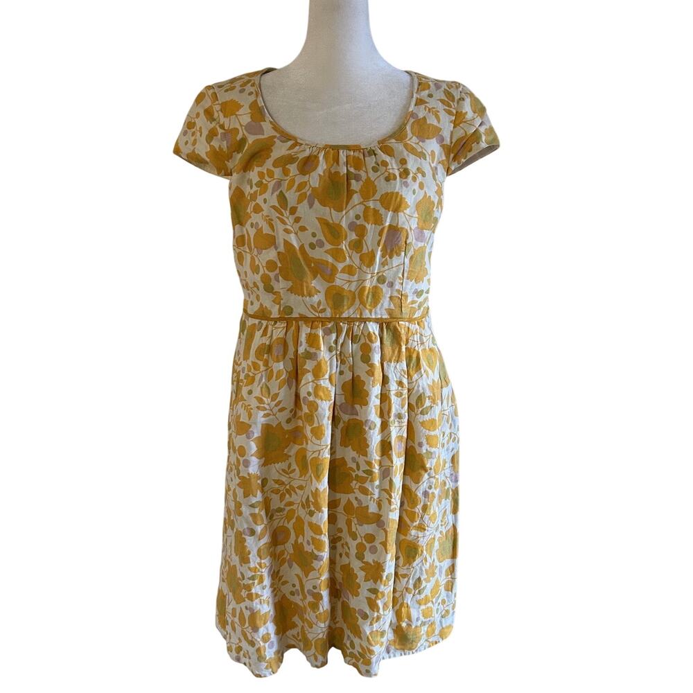 Boden Linen Dress Yellow Floral A Line Knee Length Summer Cottagecore Cap Sleeve - Picture 2 of 11